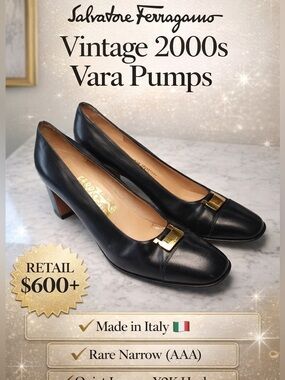 Salvatore Ferragamo 2000s Black Leather Vara Pumps with Gold Buckle